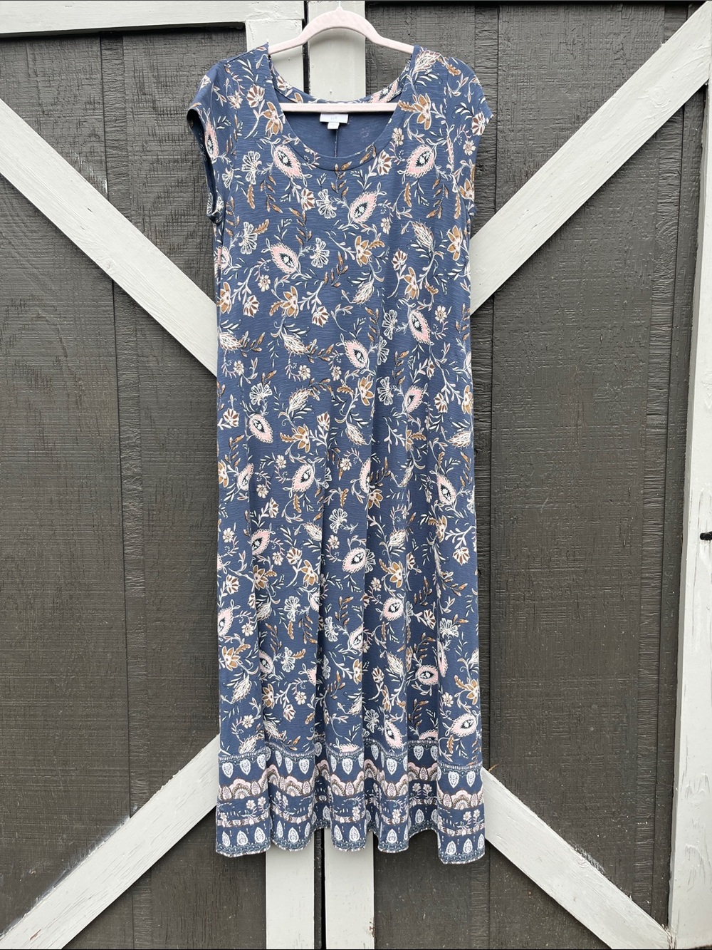 J. Jill Blue Floral Cap-Sleeve Maxi Dress with Pink Accents